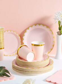 1 Set Of 25pcs Light Pink & Golden Flower Rim Disposable Plate, Napkin And Cup, Suitable For Birthday, Wedding, Party, Family Picnic, Disposable Use Paper Plate Dinnerware Set