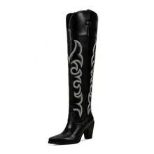 Thigh High Cowboy Cowgirl Boots For Women, Over The Knee Western Boots With Vintage Embroidery, Side Zipper, Chunky Heel Design - Black - View 3