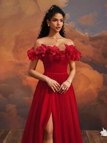 VIPGIRL 优雅网纱优雅开衩长款露肩晚礼服派对礼服婚礼宾客礼服正式礼服晚礼服 - 紅色 - 查看 10