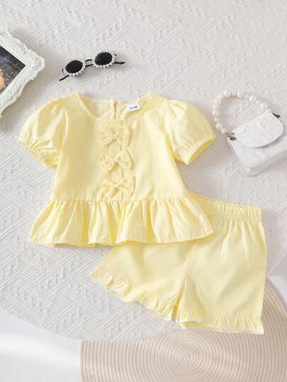 2pcs Baby Girls' Casual Bowknot Striped Top And Ruffle Hem Shorts Set, Outdoor Playwear Sweet & Cool Style
