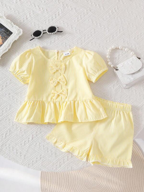 2 Stücke Baby Mädchen Lässig Set aus Schleife Gestreiftem Top und Rüschen Saum Shorts, Outdoor Spielbekleidung süßer & cooler Stil