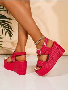 Sandali con zeppa e plateau, scivolo, punta aperta e tacco alto da donna, rossi, di moda, versatili, antiscivolo, con suola spessa, scarpe estive