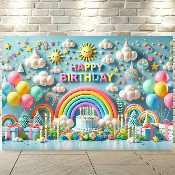 1pc 2D Background Banner, Colorful Rainbow Birthday Celebration Polyester Fabric Wall Decor, Suitable For Living Room, Bedroom, Office And Outdoor Decoration, Ideal Party & Holiday Gift