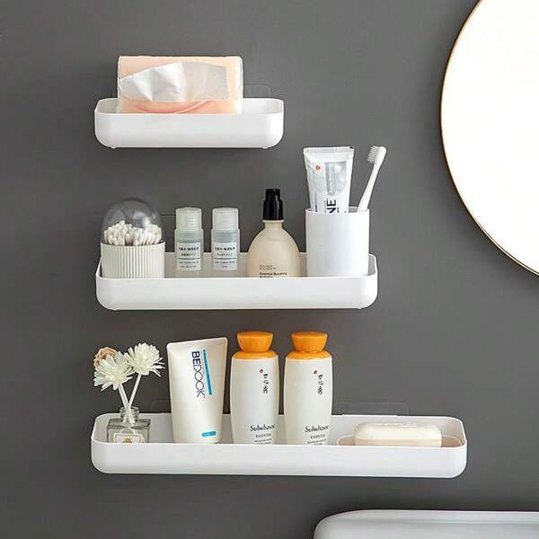 1/2/3pcs No-Drill Wall-Mounted Storage Box, Water-Draining Organizer Rack, Perfect For Bathrooms, Washrooms, And Vanities. Ideal For Storing Tissues, Scents, Makeup And Skincare Products, Soaps, Keeping Your Space Clean And Tidy