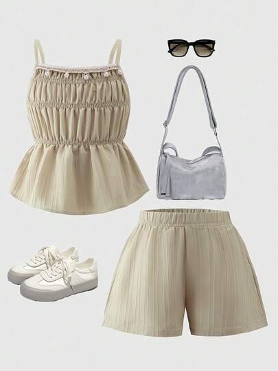 2pcs Girls Pearl Trim Shorts And Camisole Set, Casual Summer Outfit
