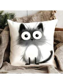 New Black And White Abstract Cute Lines Cat Cat Polyester Short Plush Sofa Cushion Cover 4 (No Pillow Core)