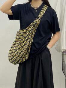 大容量格子单肩包，夏季淑女清新风，女士斜挎包，休闲多用途手提包，适合上班、学习、旅行 - 芥末黃 - 查看 4