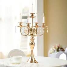 20.3'' Tall 5 Arm Gold Candelabra Centerpiece For Table, Metal &Crysyal Candle Holder, Retro Candelabra/Candlestick Table Centerpieces For Party, Events, Home, Wedding Decor (1pc, Gold)