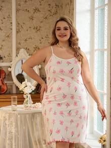 RS Pajama1 Flower Printed Plus Size Cami Sleep Dress Pajama Dress - Beige - View 3