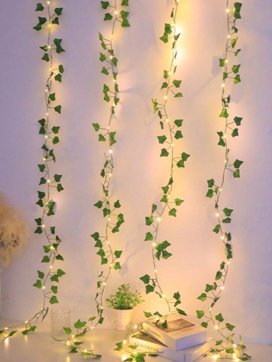 人造常春藤葉植物附 LED 燈串，綠色藤蔓花環掛燈，適用於牆面、派對、婚禮、房間、居家廚房，室內外裝飾