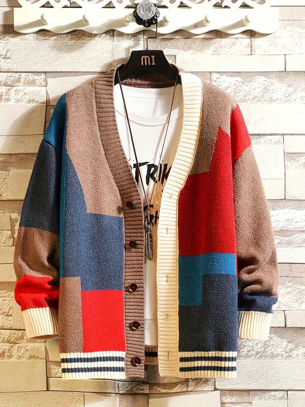 Men's Color Block V-Neck Knit Cardigan - Casual And Stylish Long Sleeve Sweater - Perfect For Fall And Spring - For Men - Great For Everyday Wear - Great Gift For Fashion Lovers