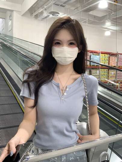 夏季韩版简约纽扣装饰棉质短袖女T恤