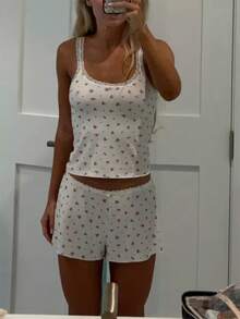 2pcs Women Square Collar Print Tank Top And Shorts Lounge Set - White - View 3