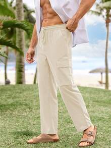 Runcati Mens Linen Cargo Pants Lightweight Elastic Waist Drawstring Casual Loose Summer Vacation Beach Yoga Pants With Pockets - Beige - View 4