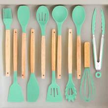 12pcs Silicone Kitchen Utensils Set - Non-Stick Silicone With Wooden Handles Heat Resistant Cooking Utensils Set-Kitchen Accessories- Perfect Gifts For Holidays Gifts-Green - Green - View 4