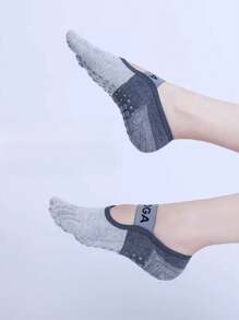 6 Pairs Women Sport Toe Separator Socks, Contrasting Color Letter Knit, Non-Slip Grip Suitable For Pilates, Ballet, Dance, Barefoot Workout, Spring/Summer