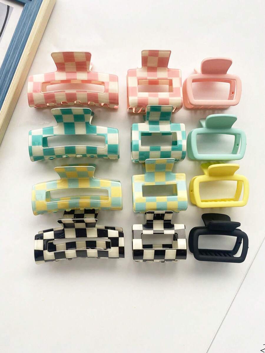 Set de 3 pinzas para el cabello de mujer con diseño de tablero de ajedrez, simples, elegantes y de moda, con patrones de unicolor y a cuadros, adecuadas para el atuendo diario, el maquillaje, el baño, con clip de mandíbula, accesorio para el cabello para mujer para vacaciones