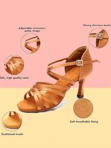Women's Latin Dance Shoes High Quality Satin Professional Ballroom Wedding Parties Jazz Rumba Tango Salsa Go With Leggings Performance Practice Dance Shoes Indoor Sandals Non-Slip Wool Bottom Sole Lightweight & Comfortable - Brown 7cm - View 4