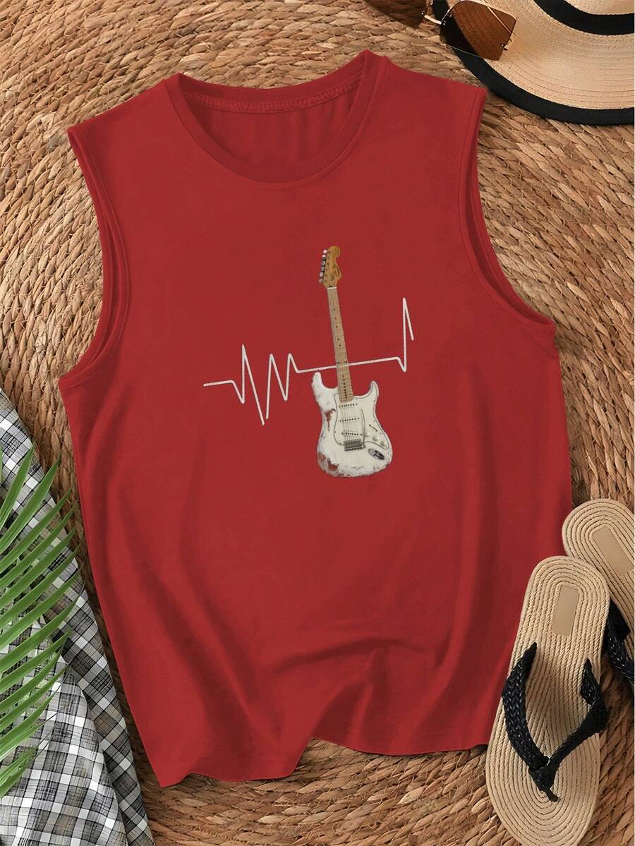 Camiseta de mujer estampado de línea ECG de guitarra Stratocaster - Rojo - Ver 1