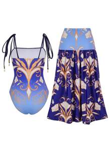 1 Stück modischer und sexy Damen Bandeau Monokini mit Sarong Strandkleid Cover-Up, raffft und verdeckt den Bauch, europäischer und amerikanischer Stil, geeignet für Sommer, Strand, Urlaub