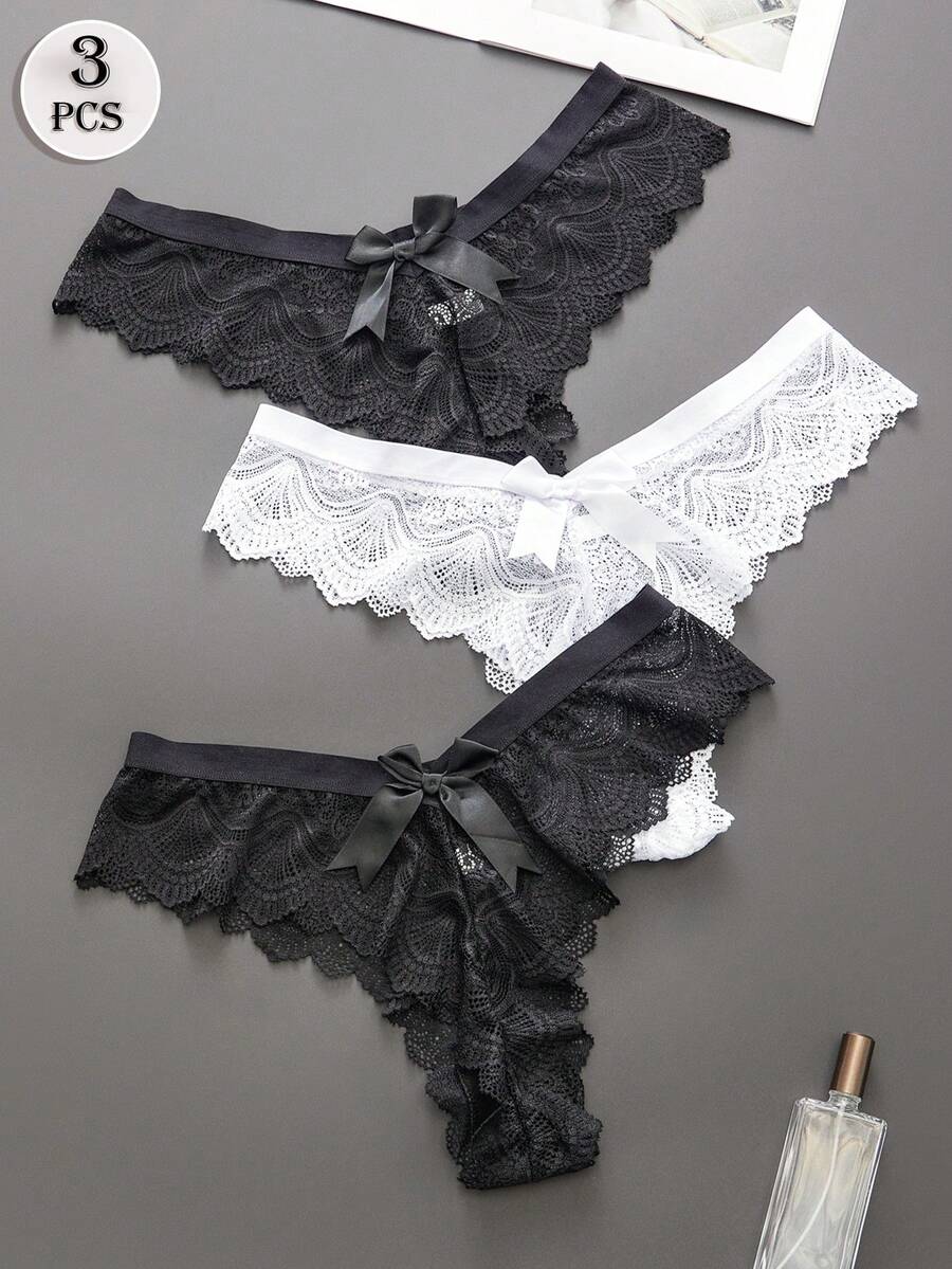 3pcs/Set Plus Size Women Lace Thong Panties With Bow Accent, Sexy Transparent Solid Color Elastic Comfortable Ladies G-String Underwear With Bowknot Back - Multicolor - View 1