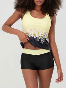 Women's Tankini Sets Summer Floral Print Tank Top With Shorts Swimsuits Two Piece Bathing Suits - Yellow - View 4