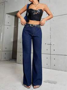 Pantalones Anchos de Denim Azul Elegantes para Mujer Hansuman - Cintura Alta, Corte Recto con Bolsillos Diagonales, Mezcla, Lavables a Máquina, Estilo para Todas las Estaciones - Azul Marino - Ver 2