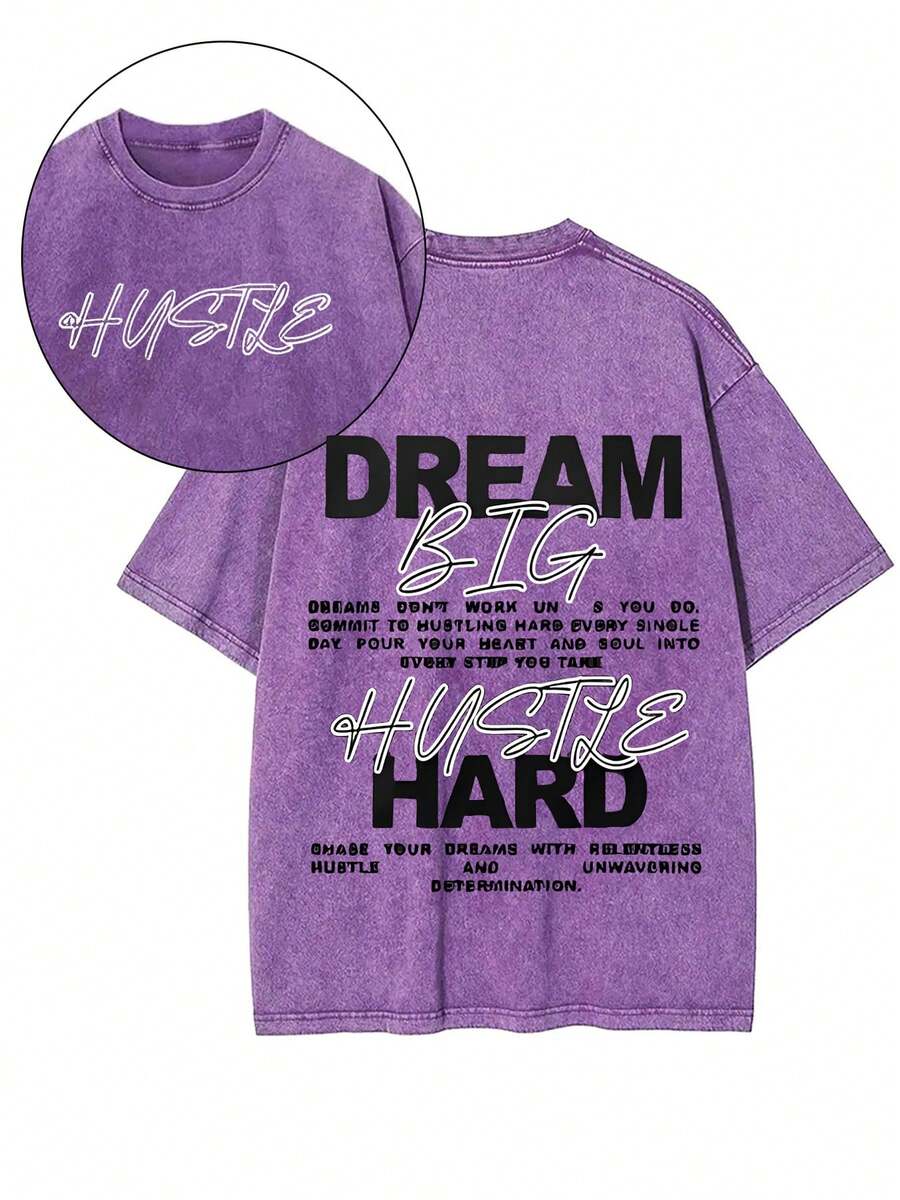 1 Piece, 230g Washed, Dream Printed T-Shirt, High-Quality Wax Printed Cotton Retro Fashion Brand T-Shirt, Suitable For Summer T-Shirt With A Certain Thickness, Holiday Gift - 紫色 - 查看 1