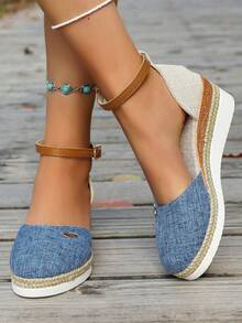 Plus Size Women Rope Woven Fisherman Shoes, European & American Style, New 2025 Spring Summer Buckle Closed Toe Platform Flats - Blue - View 4