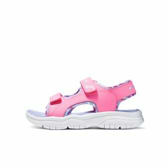Skechers 夏季新女孩休閒雙魔鬼氈涼鞋輕便露趾沙灘鞋柔軟舒適潮流粉色
