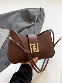1 Peça Marrom Pu Liso Zíper E Decoração De Metal Bolsa De Ombro Versátil Casual, Adequada Para Uso Diário Feminino