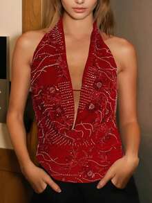 Women Y2k Halter Cowl Neck Tops Summer Vintage Sequins Beads Deep V Neck Sleeveless Backless Crop Tank Tops Sexy Elegant Going Out Vest Shirt Blouse Tops Party Club Streetwear Retro Aesthetic Clothes 90s - 紅色 - 查看 1