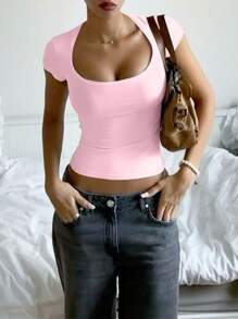 Women Square Neck Going Out Crop Tops Short Sleeve T Shirts Summer Cute Clothes Basics Tees