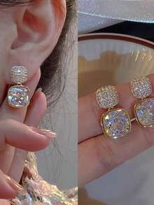 1 Pair Women Elegant Vintage Geometric Rhinestone Inlaid Pink/White Simple Dangle Earrings - Pink - View 8