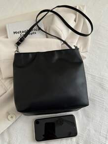 Fashionable Versatile Solid Color Vintage PU Shoulder Bag, Casual Simple Textured Bucket Bag