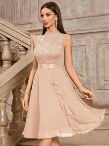 MIUSOL Turtleneck Sequin Floral Lace Sleeveless Ruffle Hem Cocktail Party Dress - Champagne - View 4