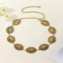 复古雕花椭圆形腰链，波西米亚风银色金属腰带，女士可调节腰部装饰饰品，适合夏季、秋季、万圣节等场合佩戴。 - 古金 - 查看 4