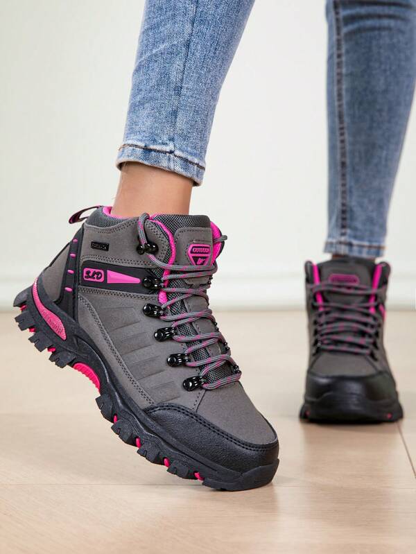 1 Paar Damen Outdoor Wanderstiefel mit mittlerer Schafthöhe, graue Hochbund Wanderschuhe, hitze- und verschleißresistente, rutschfeste Wanderschuhe mit dicker Sohle