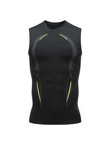 1件男士黑色运动塑身背心，科技印花牛奶丝速干紧身弹力塑身背心，户外训练打底背心，休闲时尚印花，适合篮球、足球、橄榄球等运动，春夏礼物 - 黑色 - 查看 2