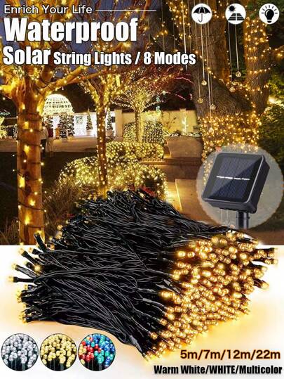 1 peça 5M/7M/12M/22M Luzes de corda solares para áreas externas 20/50/100/200LEDs Luzes de corda solares à prova d'água para áreas externas com 8 modos de iluminação para jardim, pátio, quintal, cerca, decoração de árvore de Natal com luzes de fadas, ambiente para árvore externa, pátio, casamento, gazebo, festa, casa, gramado, acampamento e decoração de feriado Luzes de jardim (branco quente, branco, multicolorido)