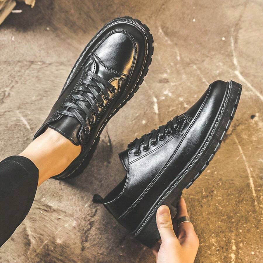 Men's New 2025 Spring British Style Black Casual Leather Shoes, Men Business Formal Oxfords, Work Dress Shoes, High-End Soft Bottom Breathable Wedding Shoes - Black - View 1