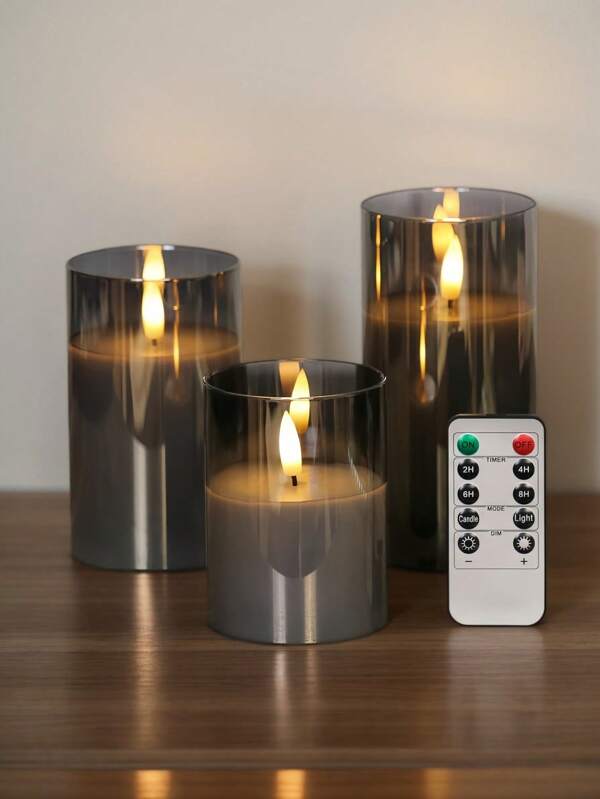 3 pièces/set Bougies LED sans flamme en acrylique à piles avec télécommande et minuterie, flamme 3D, lumière chaude vacillante, convient pour la décoration de fête de mariage à la maison - Gris