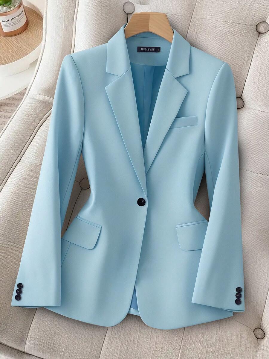 HOMEYEE Vintage Colorblock Blazer Collar Long Sleeve Shirt, Elegant Casual Business Office Wear, Spring/Autumn/Winter - 藍色 - 查看 1