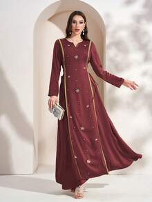 Women's Notched Neck Lace Up Elegant Long Sleeve Arabic Style Dress (Front Panel With Random Beaded Ribbons, May Not Reach To The Top) - Red - View 6