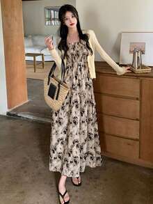 女士玫瑰花卉褶裥中长连衣裙，法式收腰设计，夏季新品系列 - 杏色 - 查看 2