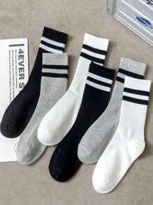 3/6pairs Women Striped Pattern Casual Crew Socks, For Daily Life, Fall Socks