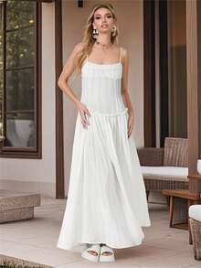 Women Long Dress Solid Color Spaghetti Strap Cami Dress Summer Fashion Sleeveless Casual Dress - 白色 - 查看 3