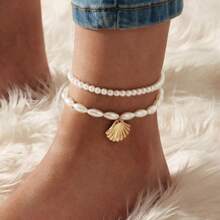 2 piezas tobillera con cadena gruesa, joyería de playa de verano con doble estilo exagerado chapada en oro para chicas