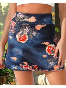 Women Floral Print Yoga Skirts High Waist Lined Shorts Quick-Dry Fitness Workout Skirts Running Tennis Skorts - 深天藍 - 查看 4