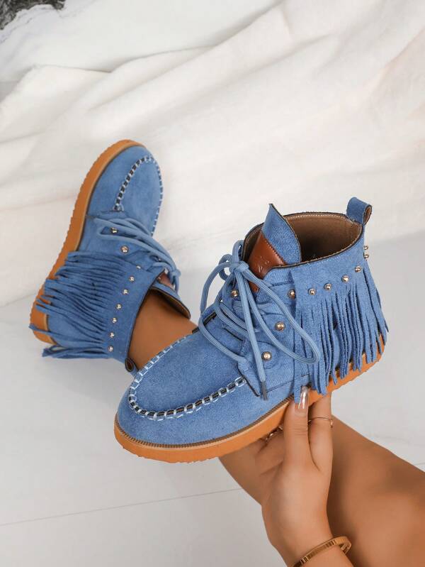 Outdoor Sports Ankle Boots & Short Boots, Solid Color Blue, Fringe Decor, Lace-Up, Lightweight Flat Casual Shoes, Handmade Stitching, Wide Fit, Fashion, Casual Athletic, Women's Solid Color Boho Fringe Rivets Embedded Party Office Home Gym Outdoor Spring Season, Spring/Autumn, Spring/Summer, All Season